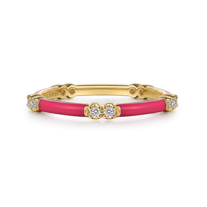 14K Yellow Gold Diamond Station Stackable with Fuchsia Enamel