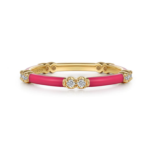 14K Yellow Gold Diamond Station Stackable with Fuchsia Enamel