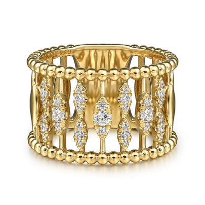 14K Yellow Gold Diamond and Bujukan Beads Wide Band Ring