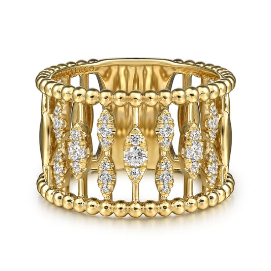 14K Yellow Gold Diamond and Bujukan Beads Wide Band Ring