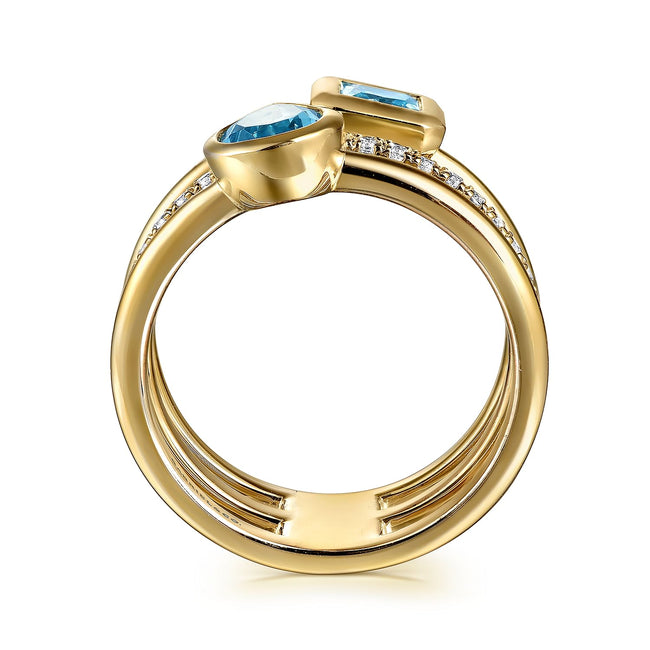 14K Yellow Gold Diamond and Blue Topaz Easy Stackable Ring