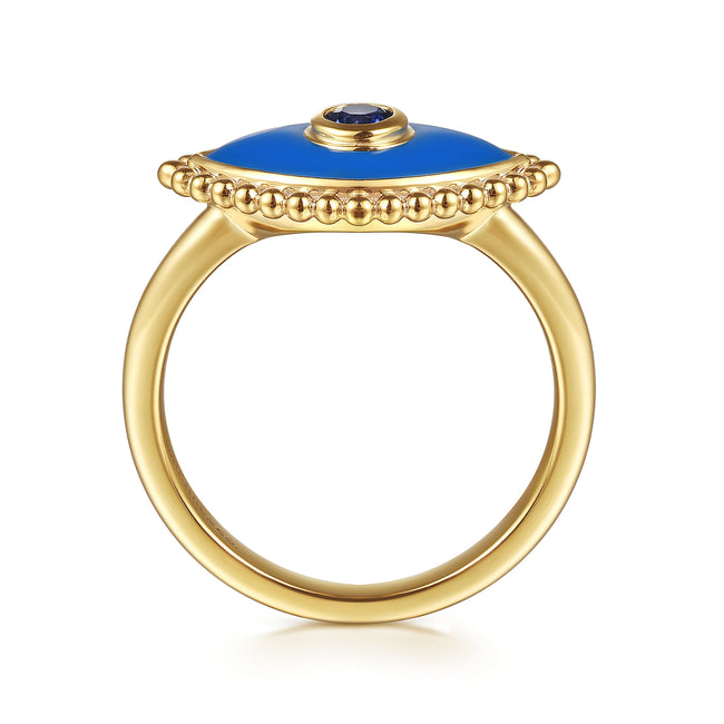 14K Yellow Gold Bujukan Sapphire Evil Eye Ring with Blue Enamel