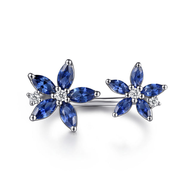 14K White Gold Diamond and Marquise Sapphire Flower Open Ring