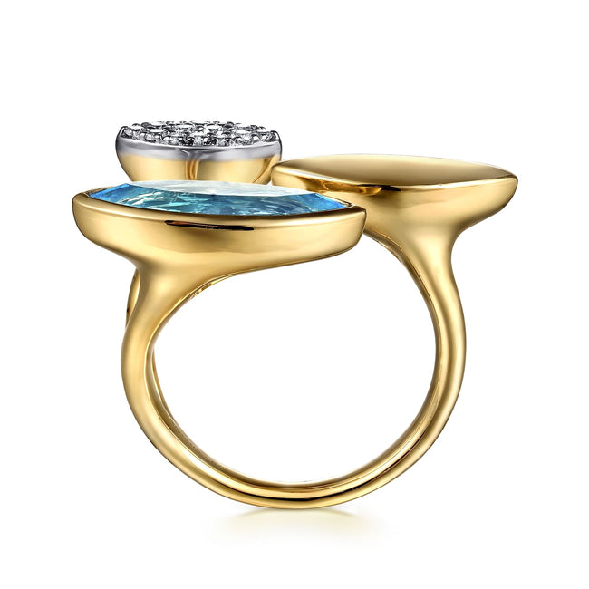 14K White and Yellow Gold Diamond and Marquise Blue Topaz Ladies Ring