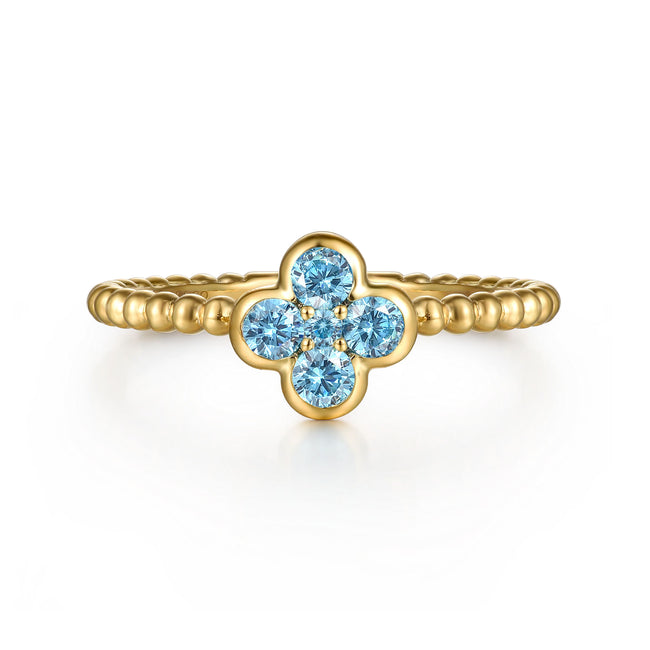 14K Yellow Gold Blue Topaz Cluster Clover and Bujukan Bead Stackable Ring
