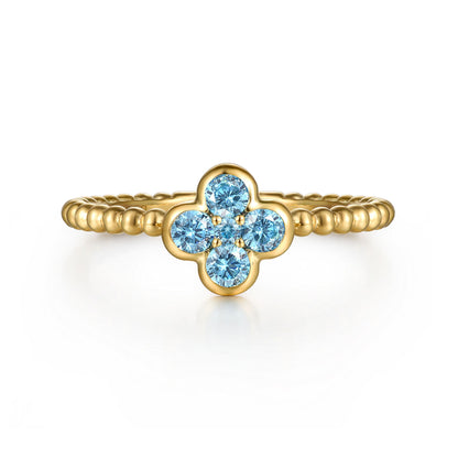 14K Yellow Gold Blue Topaz Cluster Clover and Bujukan Bead Stackable Ring
