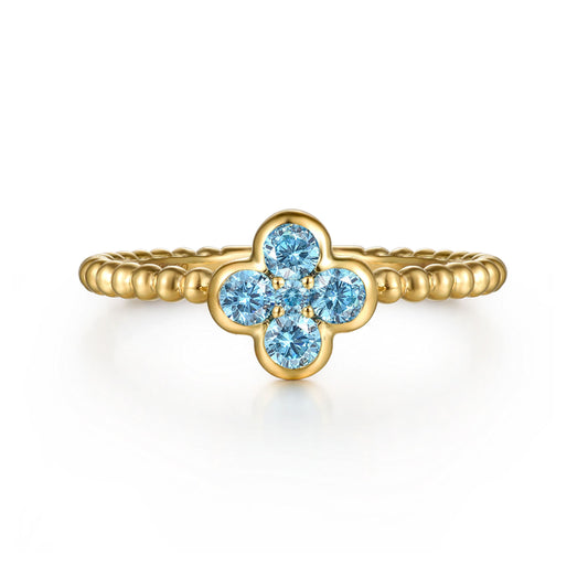 14K Yellow Gold Blue Topaz Cluster Clover and Bujukan Bead Stackable Ring