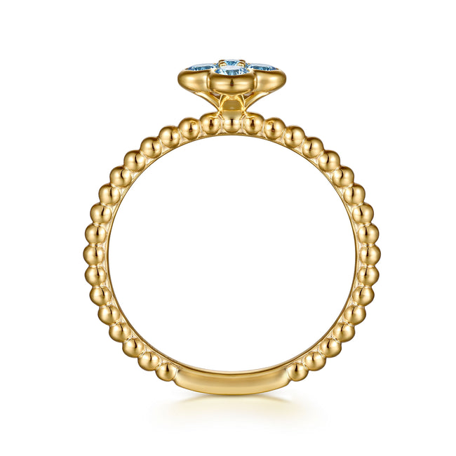 14K Yellow Gold Blue Topaz Cluster Clover and Bujukan Bead Stackable Ring