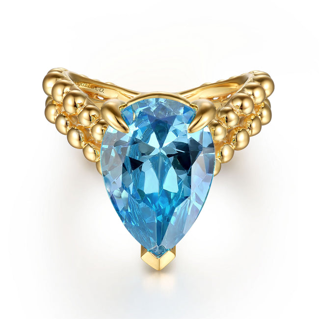 14K Yellow Gold Bujukan and Blue Topaz Chevron Ring