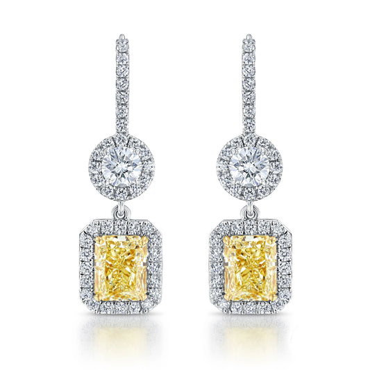 Uneek Radiant Fancy Yellow Diamond Dangle Earrings with Accent Round Diamonds