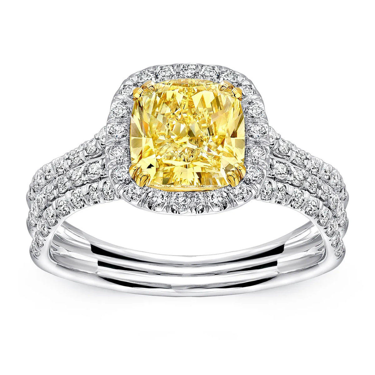 Uneek Silhouette Collection Halo Cushion Cut Yellow Diamond Engagement Ring