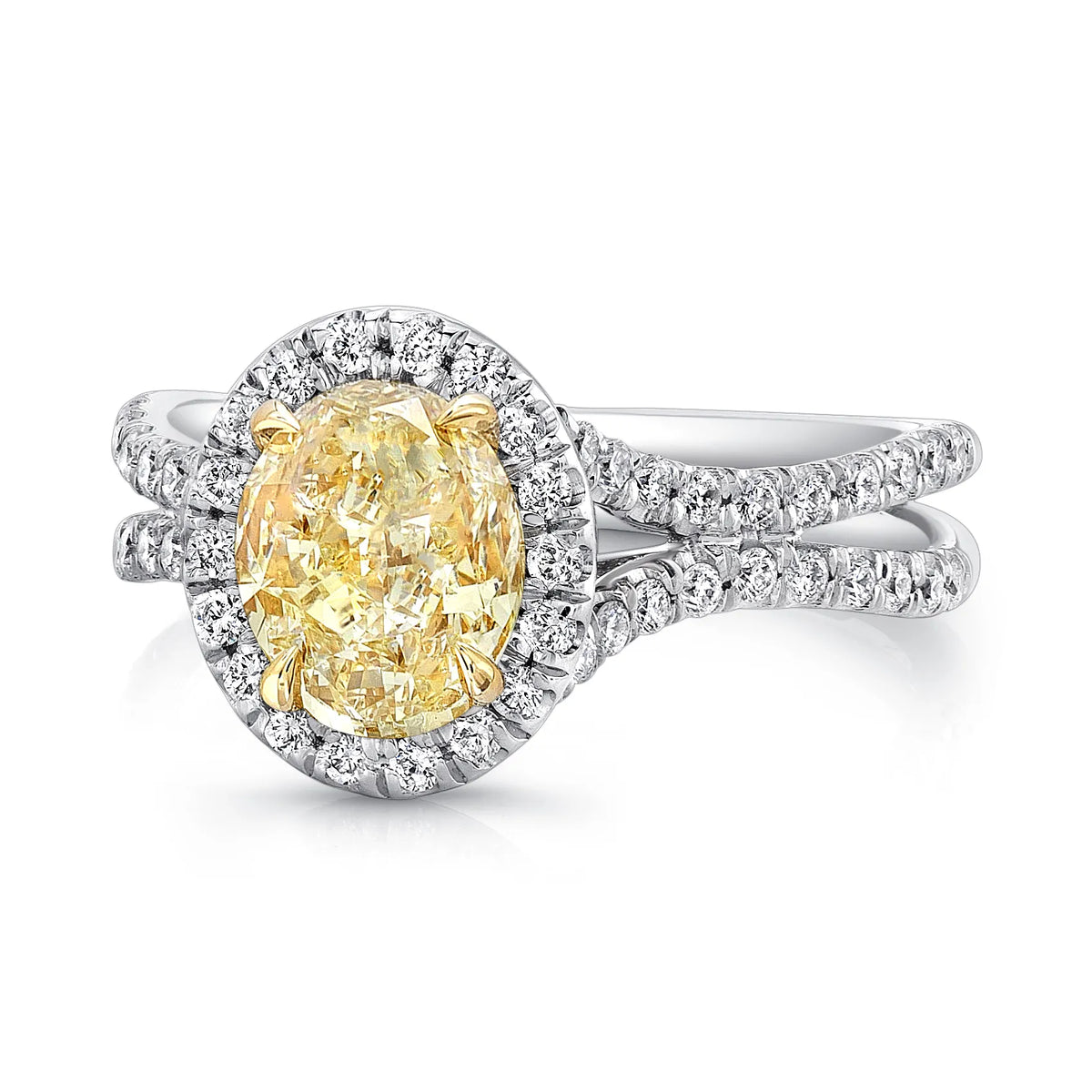 Uneek Oval Fancy Yellow Diamond Halo Engagement Ring with Silhouette Double Shank