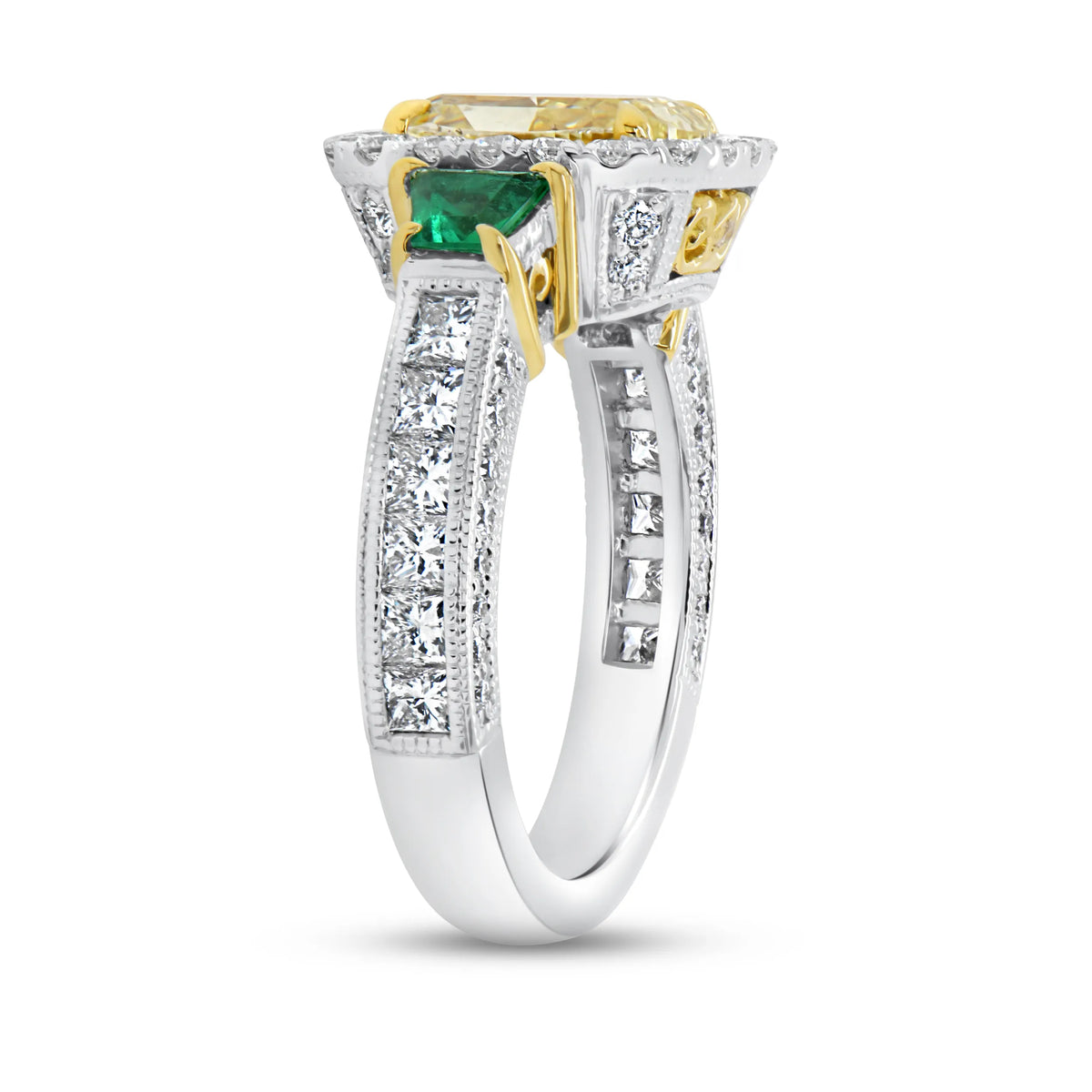 Uneek Natureal Collection Three-Stone Cushion Cut Yellow Diamond Engagement Ring