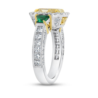 Uneek Natureal Collection Three-Stone Cushion Cut Yellow Diamond Engagement Ring