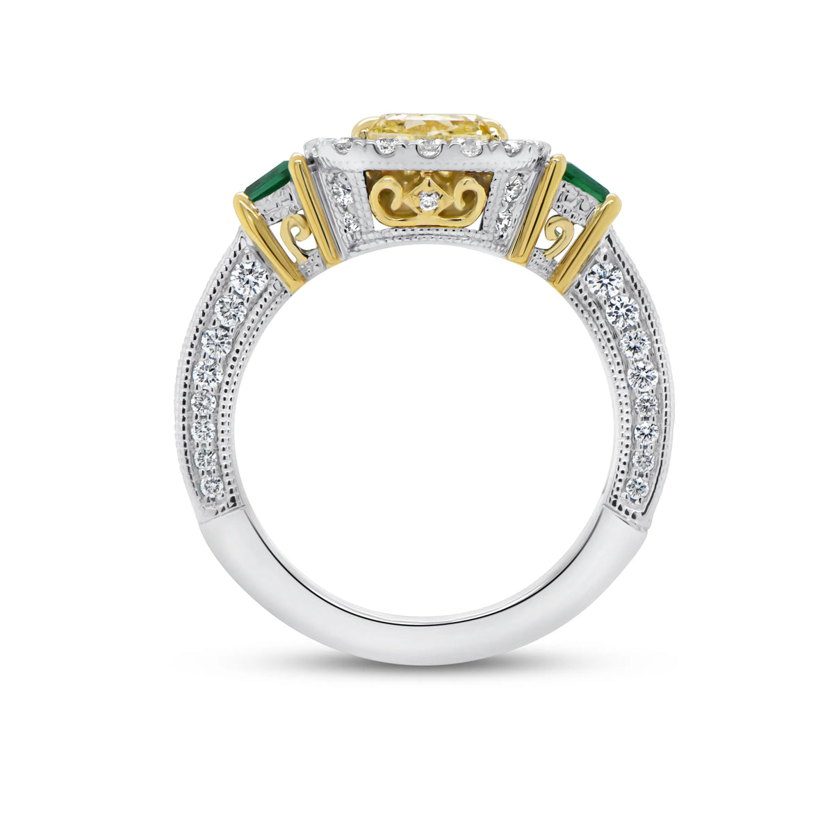 Uneek Natureal Collection Three-Stone Cushion Cut Yellow Diamond Engagement Ring