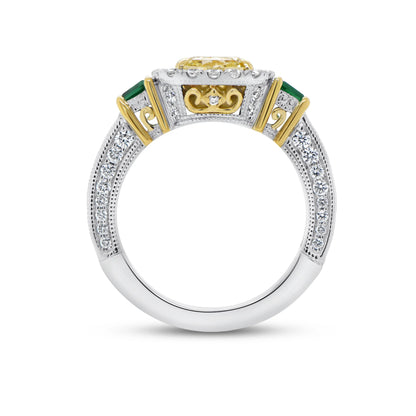 Uneek Natureal Collection Three-Stone Cushion Cut Yellow Diamond Engagement Ring