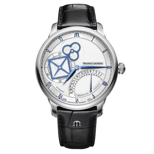 MASTERPIECE Square Wheel Retrograde 43mm - Stainless steel - Silver, Clous de Paris, blue indexes - Black calf leather