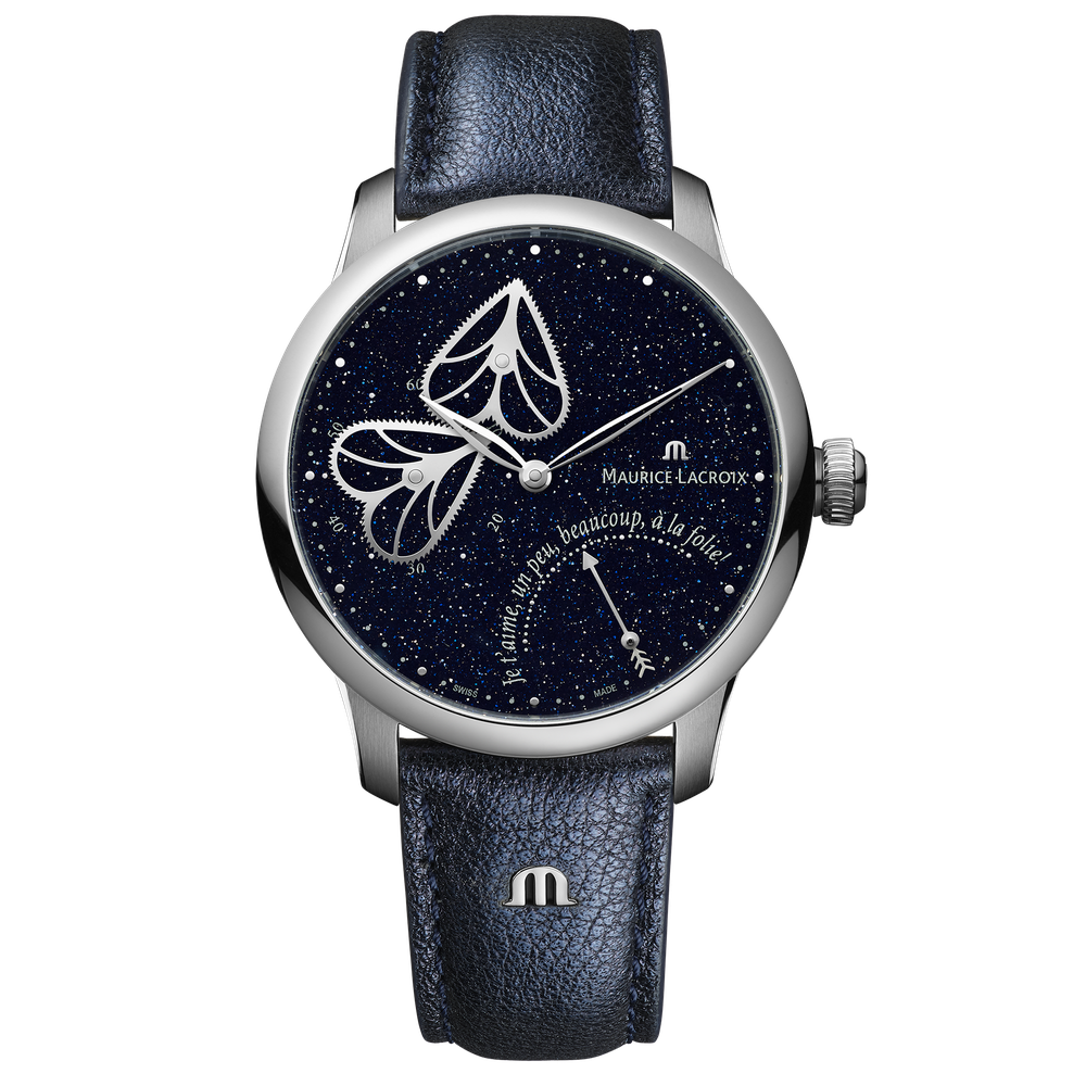 MASTERPIECE Embrace 40mm - Stainless steel - Aventurine, silver powder printing - Blue calf leather