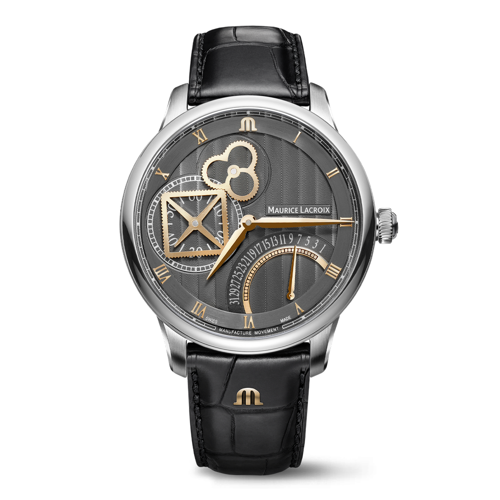 MASTERPIECE Square Wheel Retrograde 43mm - Stainless steel - Anthracite, Côtes de Genève, 4N indexes - Black calf leather