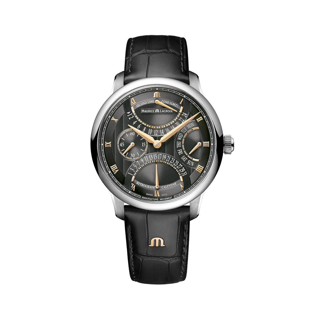MASTERPIECE Triple Retrograde 43mm - Stainless steel - Anthracite, Côtes de Genève, 4N indexes - Black calf leather