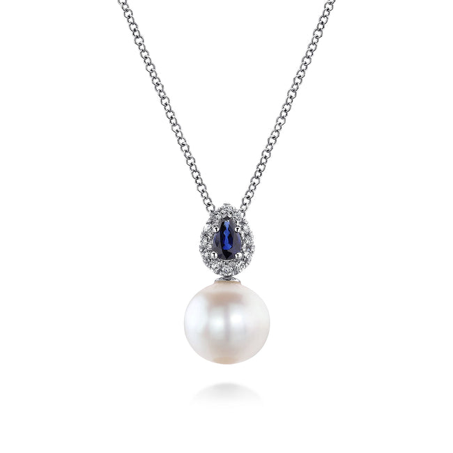 14K White Gold Pear Shaped Sapphire and Diamond Halo Pendant Necklace with Pearl