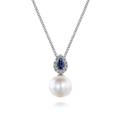 14K White Gold Pear Shaped Sapphire and Diamond Halo Pendant Necklace with Pearl