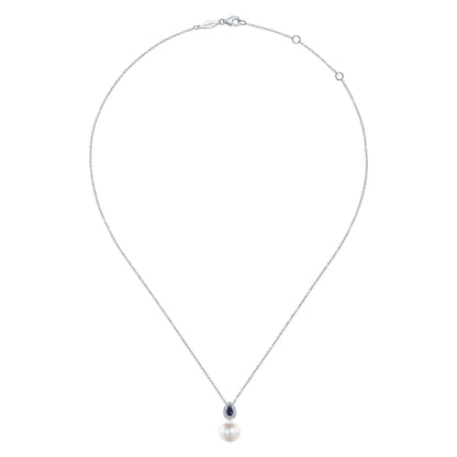 14K White Gold Pear Shaped Sapphire and Diamond Halo Pendant Necklace with Pearl