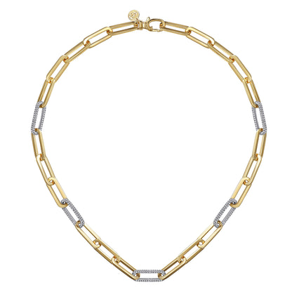 14K Yellow-White Paper Clip Chain Necklace with Diamond Stations