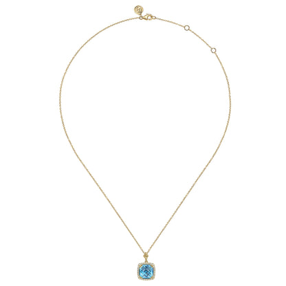 14K Yellow Gold Bujukan Cushion Blue Topaz with Diamond Halo Necklace