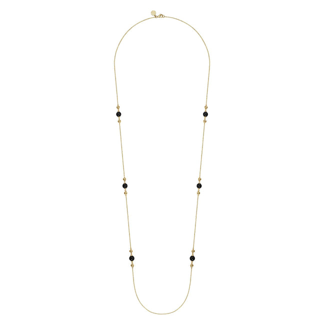 14K Yellow Gold Onyx and Bujukan Bead Station Necklace