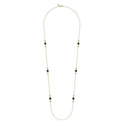 14K Yellow Gold Onyx and Bujukan Bead Station Necklace