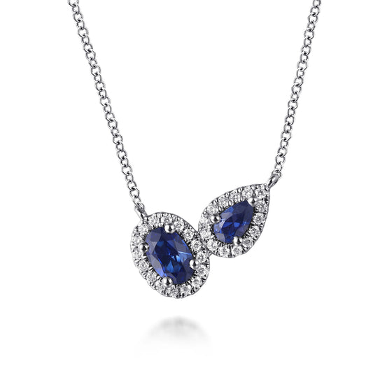 14K White Gold Toi et Moi Sapphire and Diamond Halo Necklace