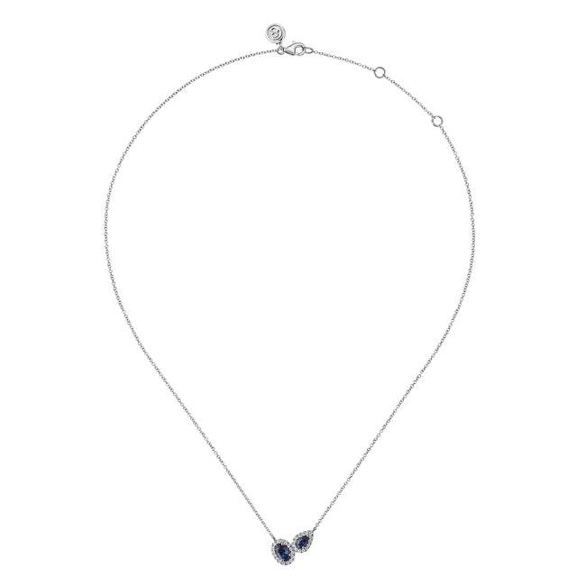 14K White Gold Toi et Moi Sapphire and Diamond Halo Necklace