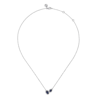 14K White Gold Toi et Moi Sapphire and Diamond Halo Necklace