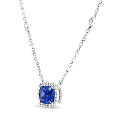 Uneek Precious Collection Halo Cushion Cut Blue Sapphire Drop Pendant