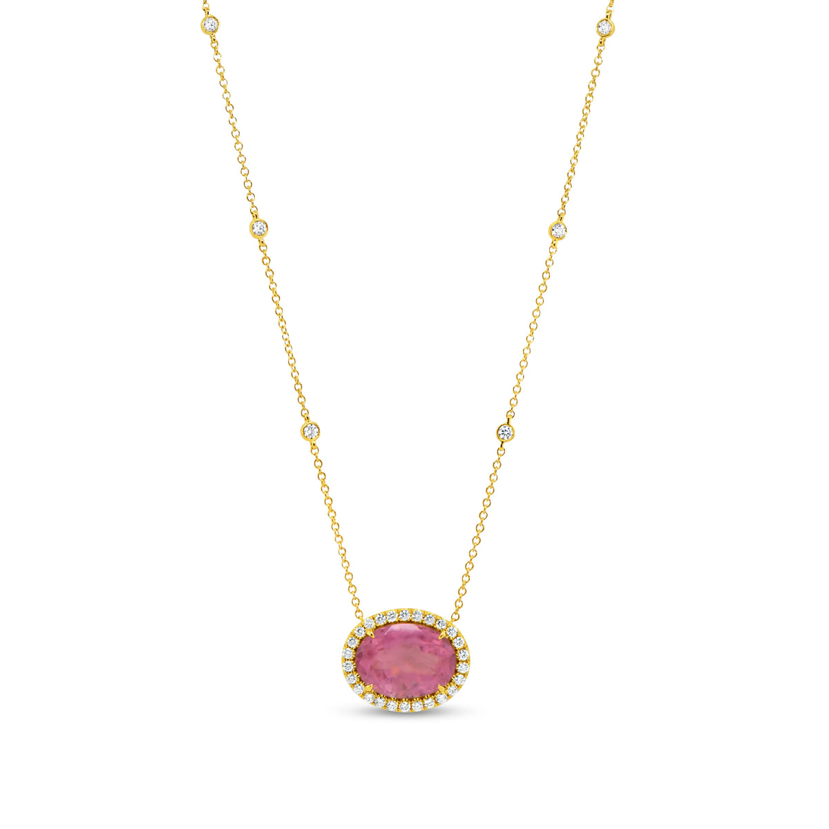 Uneek Timeless Collection Halo Oval Shaped Pink Tourmaline Drop Pendant