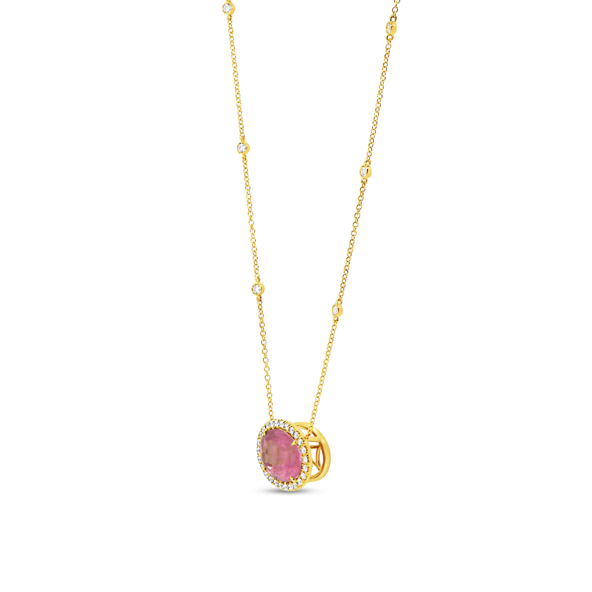 Uneek Timeless Collection Halo Oval Shaped Pink Tourmaline Drop Pendant