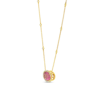 Uneek Timeless Collection Halo Oval Shaped Pink Tourmaline Drop Pendant