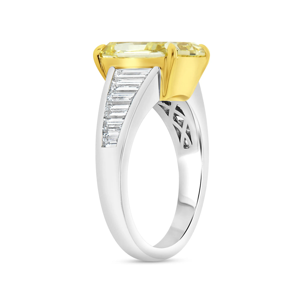 Uneek Natureal Collection Tapered Radiant Fancy Yellow Diamond Engagement Ring