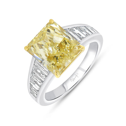Uneek Natureal Collection Tapered Radiant Fancy Yellow Diamond Engagement Ring