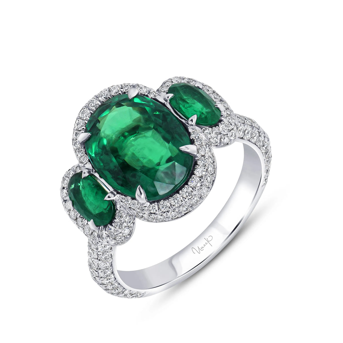 Uneek Precious Collection Three-Stone Oval Shaped Green Diamond Engagement Ring