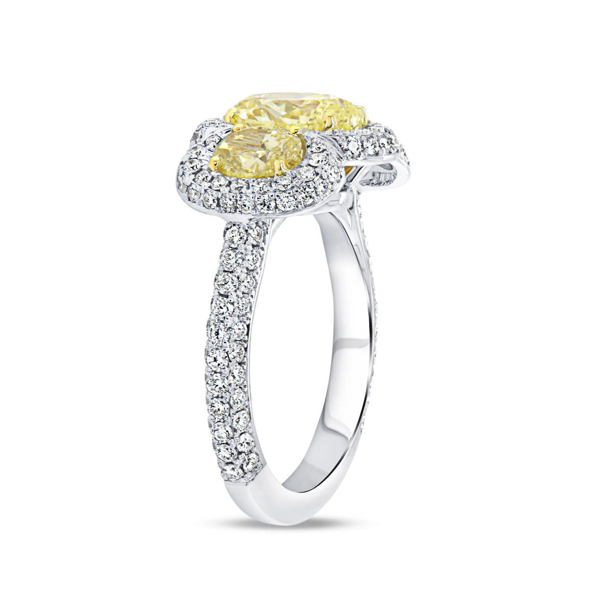 Uneek Signature Collection 3-Stone-Halo Oval Shaped Fancy Light Yellow Diamond Engagement Ring