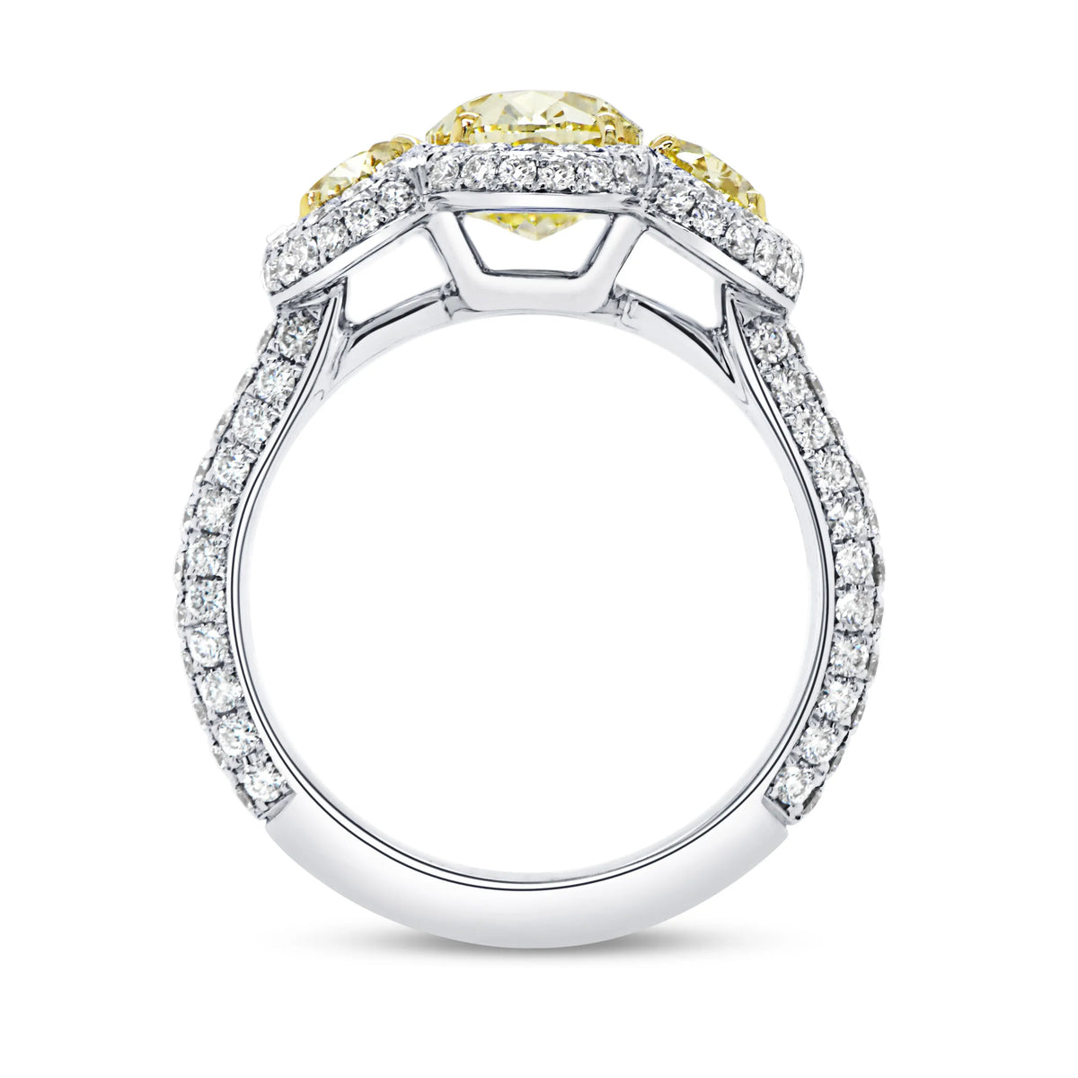 Uneek Signature Collection 3-Stone-Halo Oval Shaped Fancy Light Yellow Diamond Engagement Ring