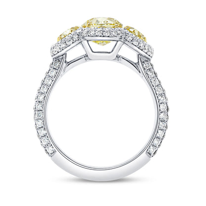 Uneek Signature Collection 3-Stone-Halo Oval Shaped Fancy Light Yellow Diamond Engagement Ring