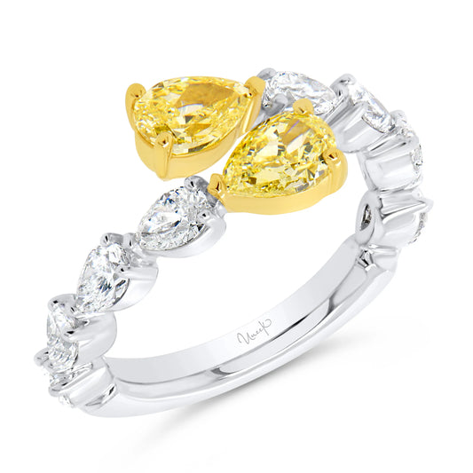Uneek Natureal Collection Bypass Pear Shaped Fancy Yellow Diamond Anniversary Ring