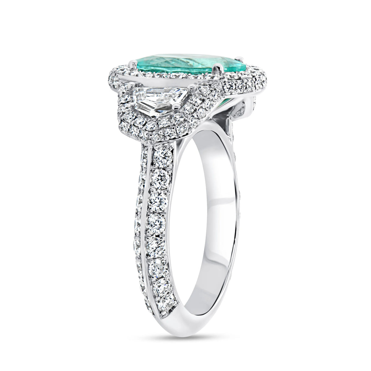 Uneek Precious Collection 3-Stone-Halo Oval Shaped Paraiba Engagement Ring