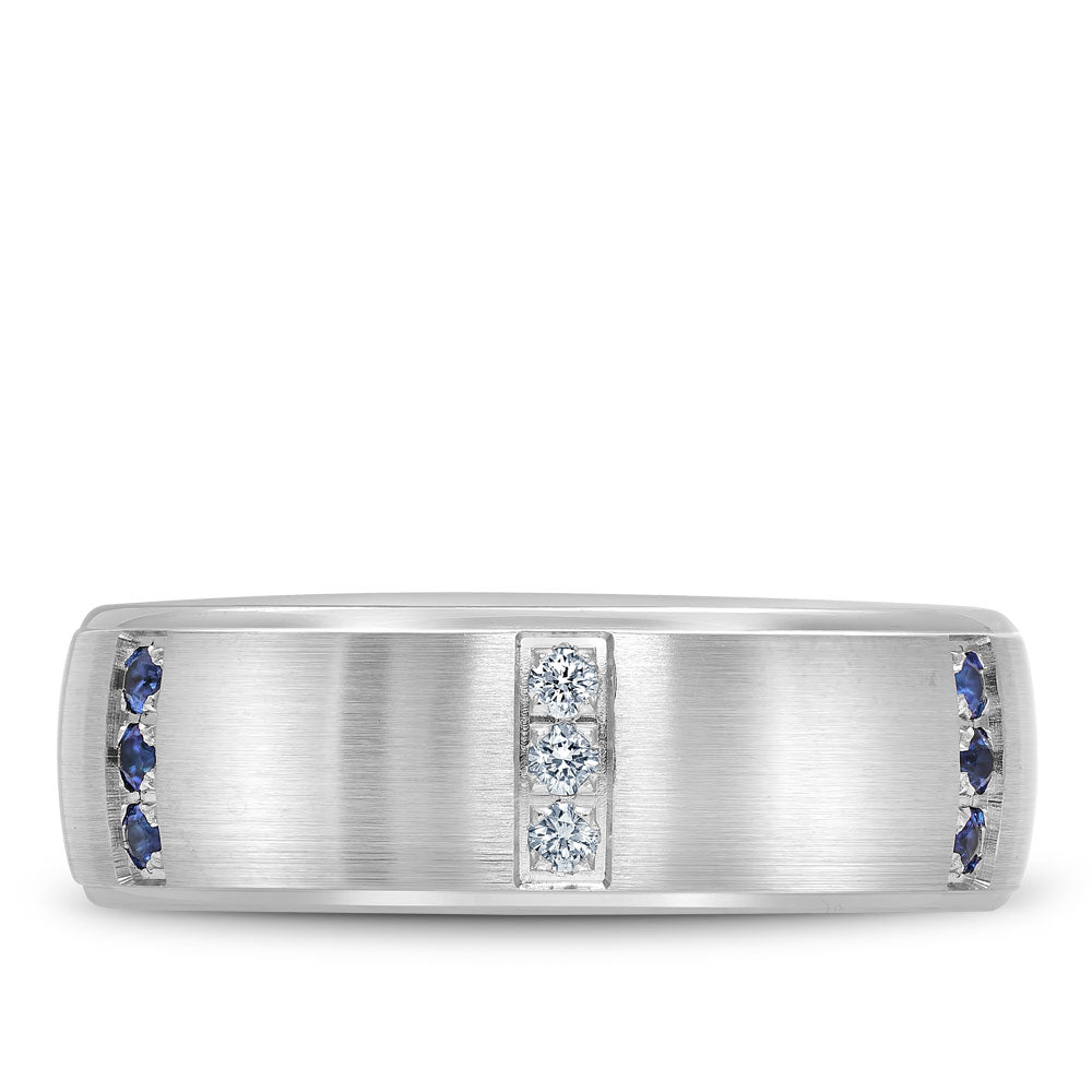 7.50mm Bleu Royale Wedding Band in White Gold With 9 RD, TCW 0.25ct nd 9 RD, TCW 0.2ct