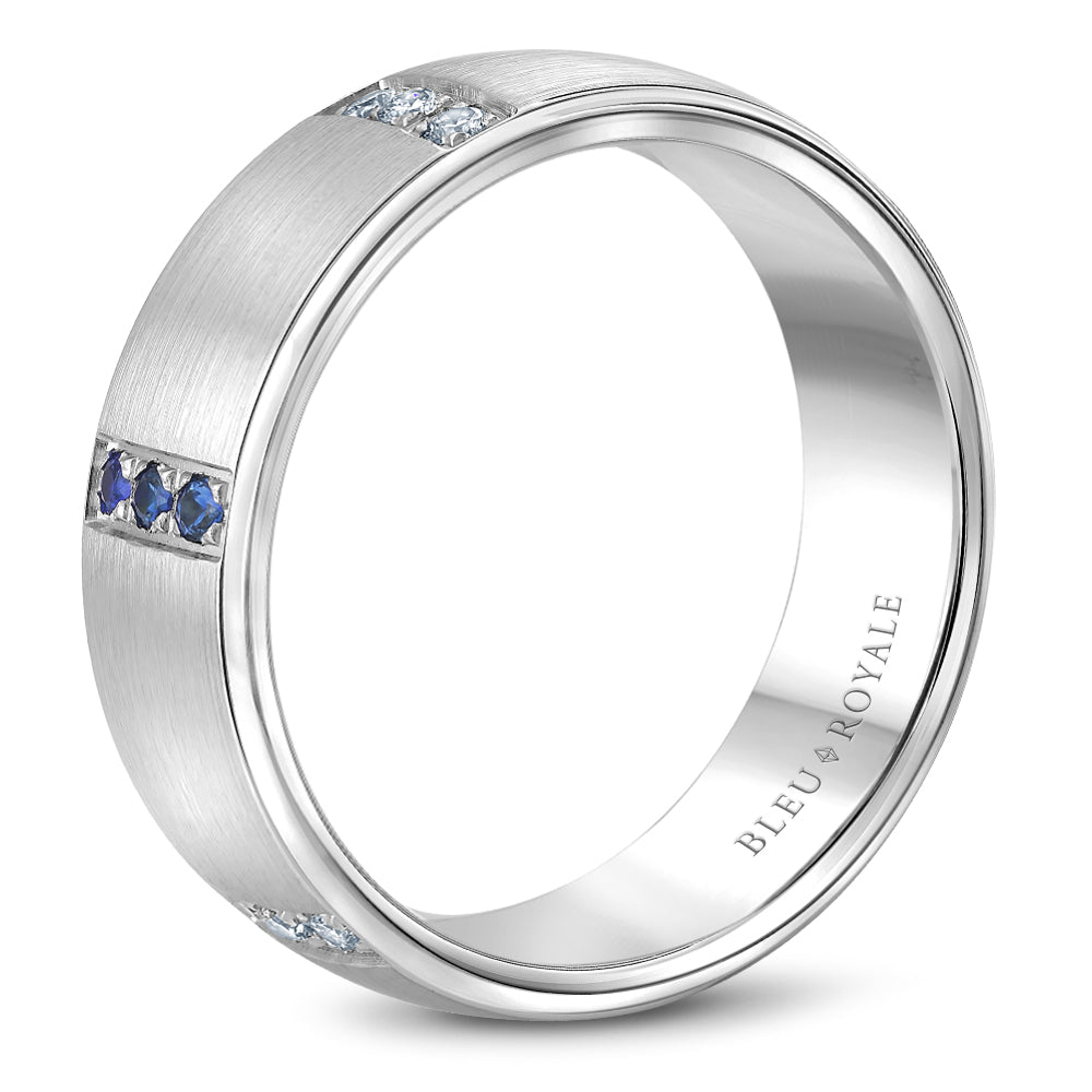 7.50mm Bleu Royale Wedding Band in White Gold With 9 RD, TCW 0.25ct nd 9 RD, TCW 0.2ct