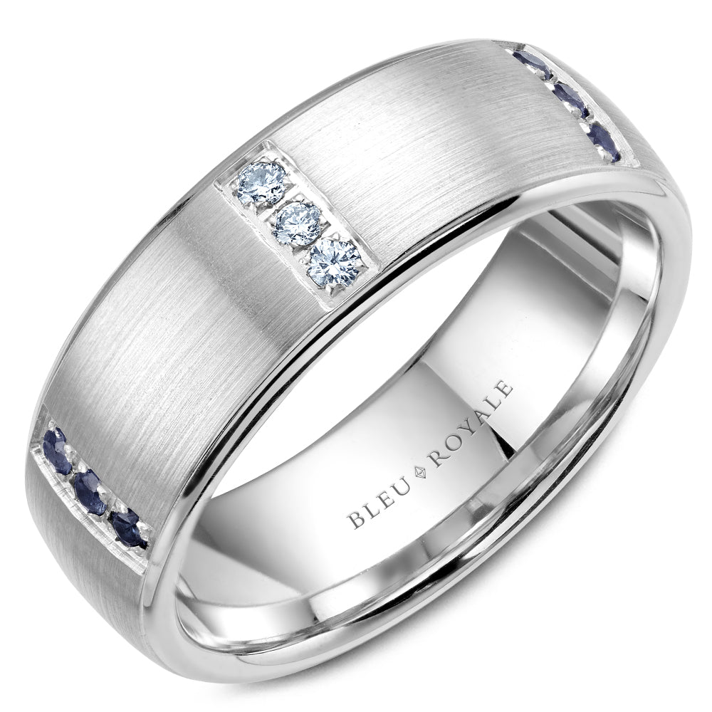 7.50mm Bleu Royale Wedding Band in White Gold With 9 RD, TCW 0.25ct nd 9 RD, TCW 0.2ct