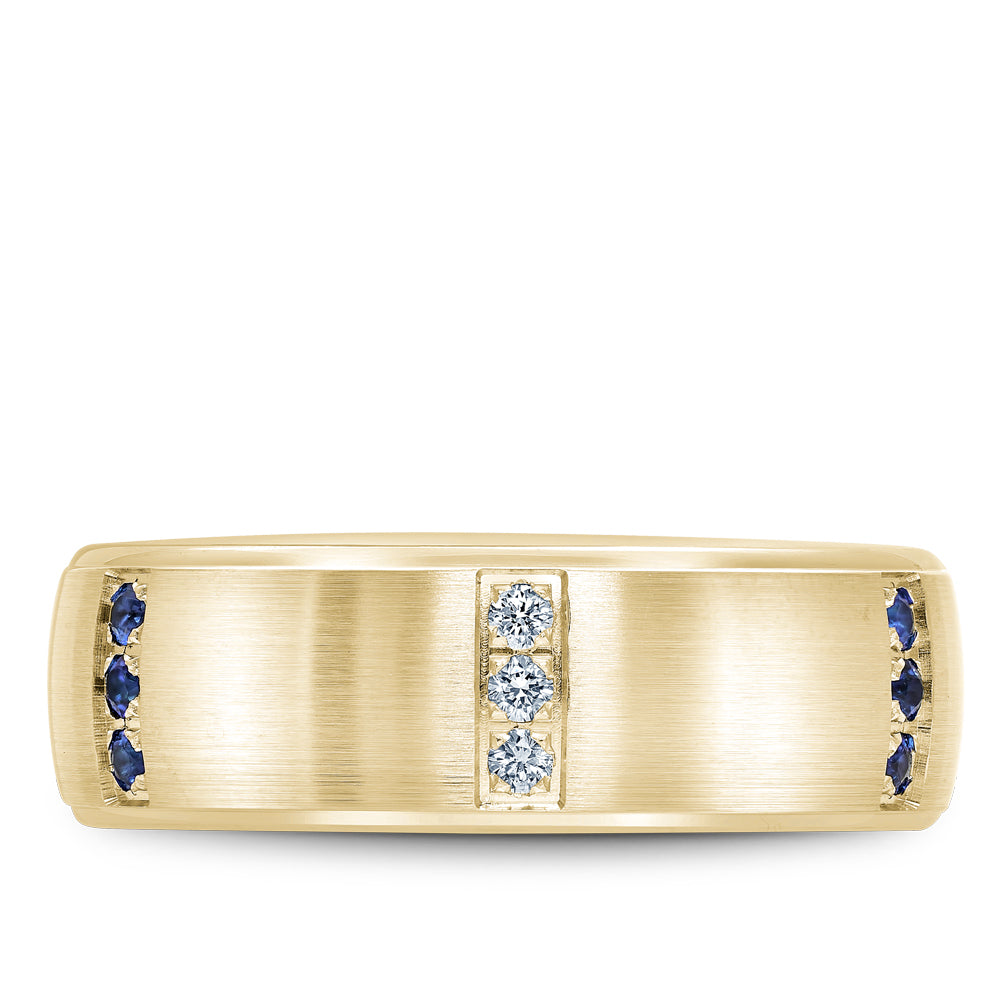7.50mm Bleu Royale Wedding Band in Yellow Gold With 9 RD, TCW 0.25ct nd 9 RD, TCW 0.2ct